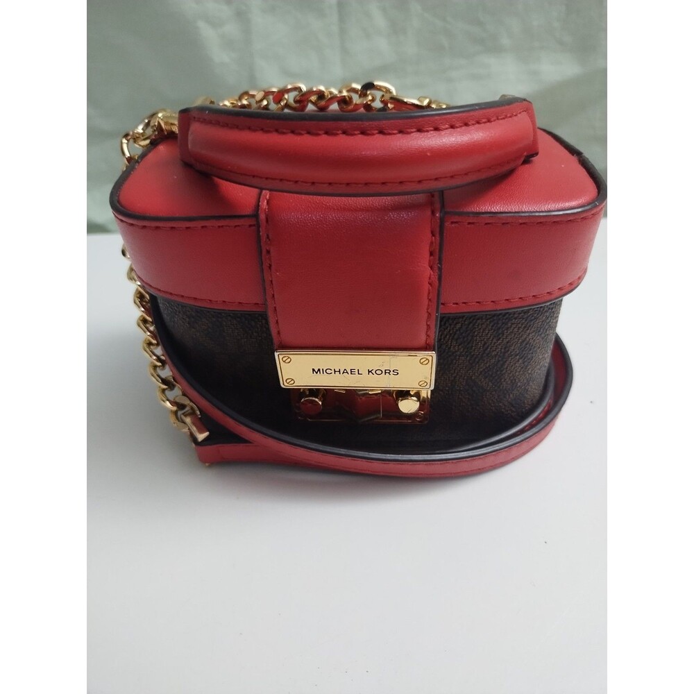Michael Kors Rose MINI Trunk Crossbody Shoulder Bag MK Brown Fire Red Purse - Picture 12 of 12